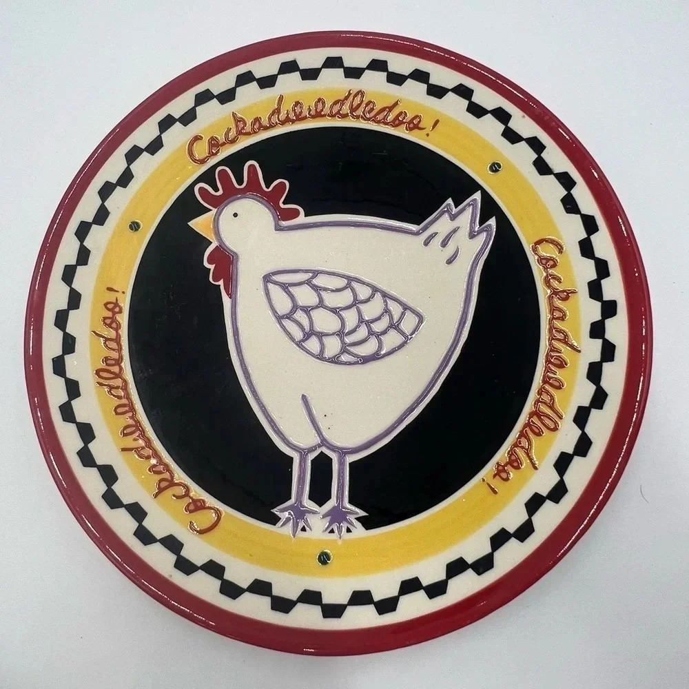 Becky Denny Cockadoodledoo 12” Round Chicken Ceramic‎ Platter Plate Signed